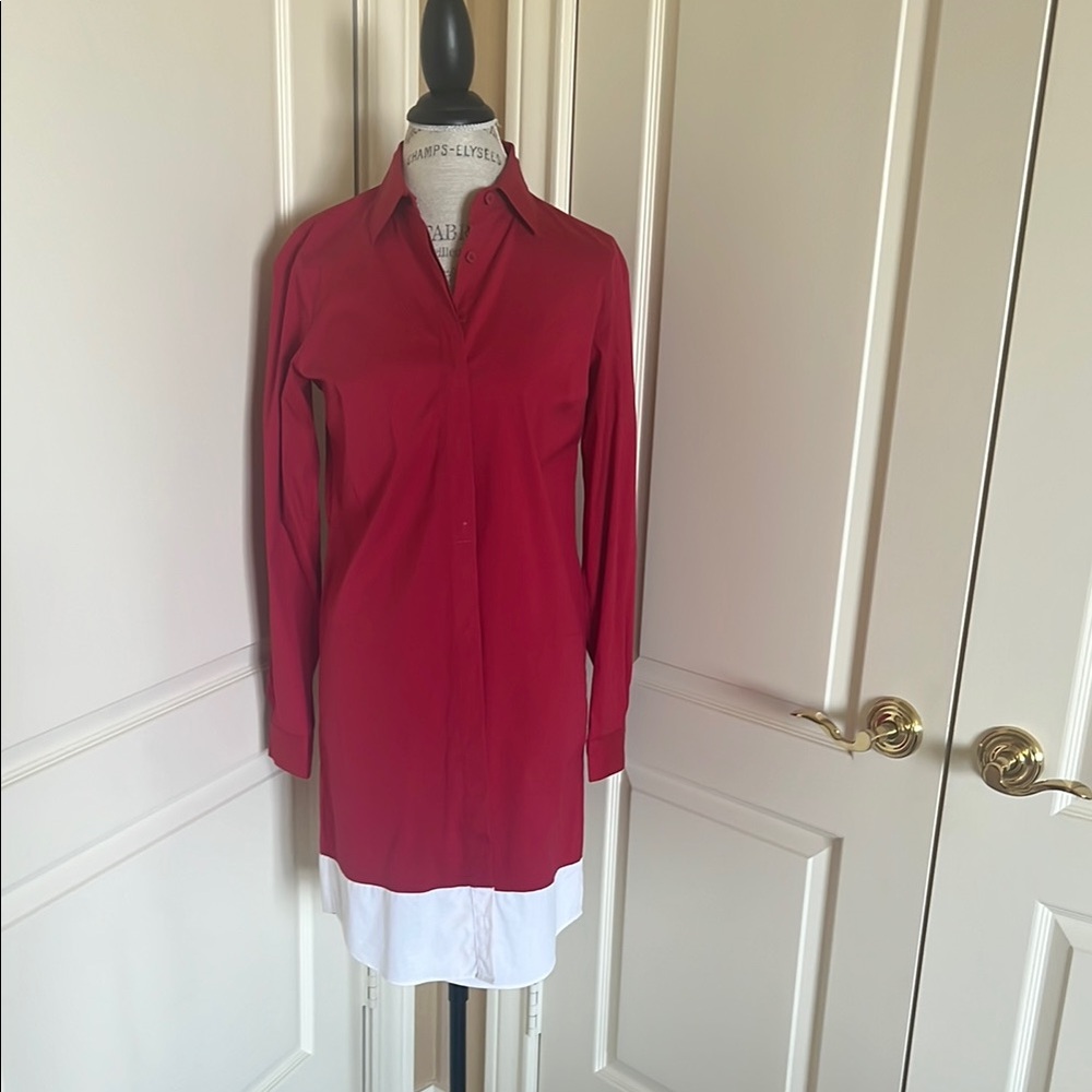 Red and White Long Sleeve Shirt Dress